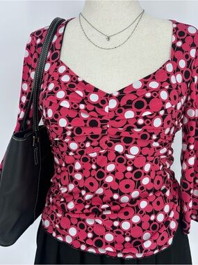Pink Retro Circle Print Ruched Top Y2K Bell Sleeve Tie Back Blouse